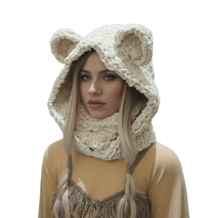 Knitted Scarf Hat with Lovely Bear Ear Design Breathable Neck Gaiter Hat For Ice Fishing Snowboarding Cosplay Costume