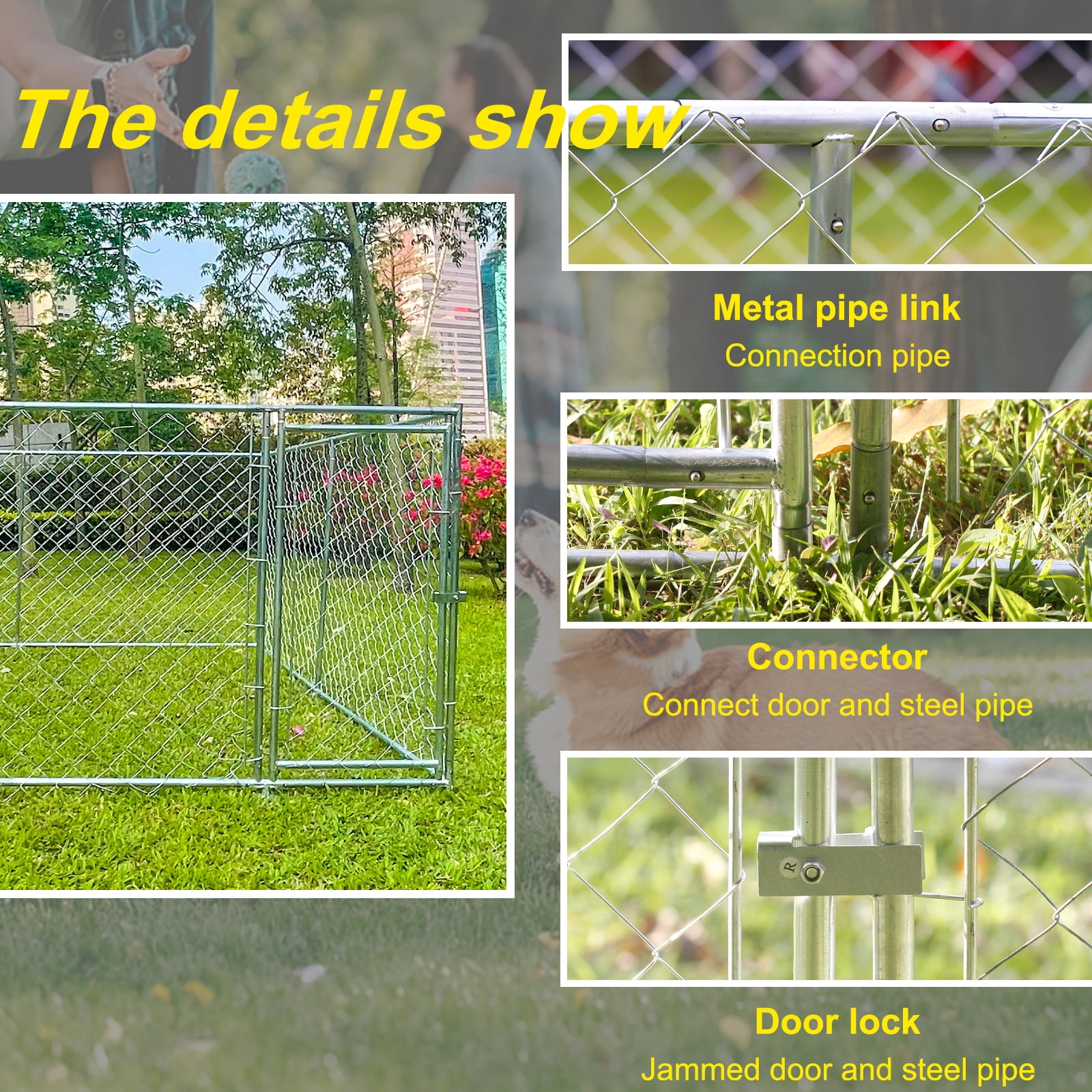 10 x 10ft Outdoor Dog Kennel Large Metal Chain Link Kennel Cage Dog Run for Backyard Pet Playpen Enclosure Lockable