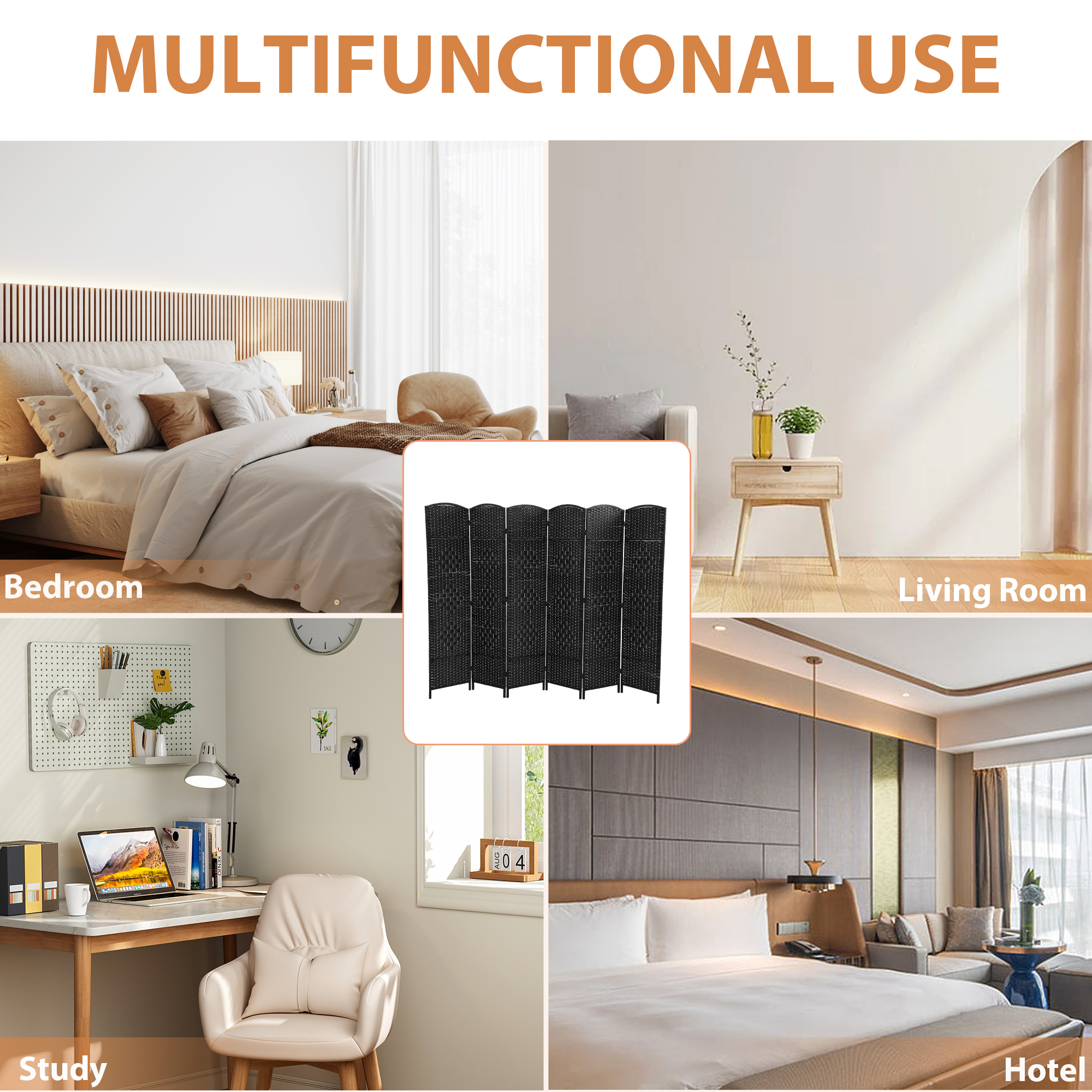 CL.HPAHKL 6 Panel Room Divider, Partition Wall Divider with Double Hinged Panels 6 ft Tall Folding Privacy Screen Indoor Partitions and Dividers Freestanding for Living Room Bedroom Study, Black