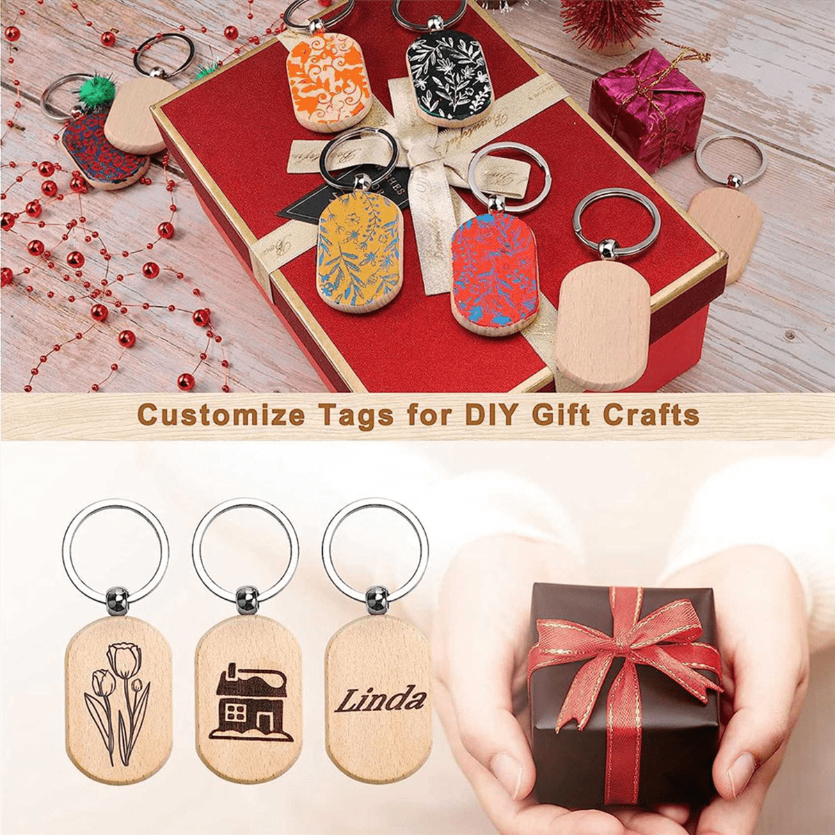 330PCS Wood Keychain Blanks, Unfinished Wood Key Tag, Wood Engraving Blanks Key Chain for DIY Crafts-Rounded Square