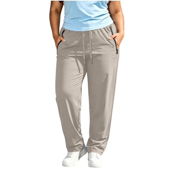 Plus Size Cargo Pants For Women Elastic Waist Drawstring Lightweight Casual Hiking Pants with Zipper Pockets Khaki XXL