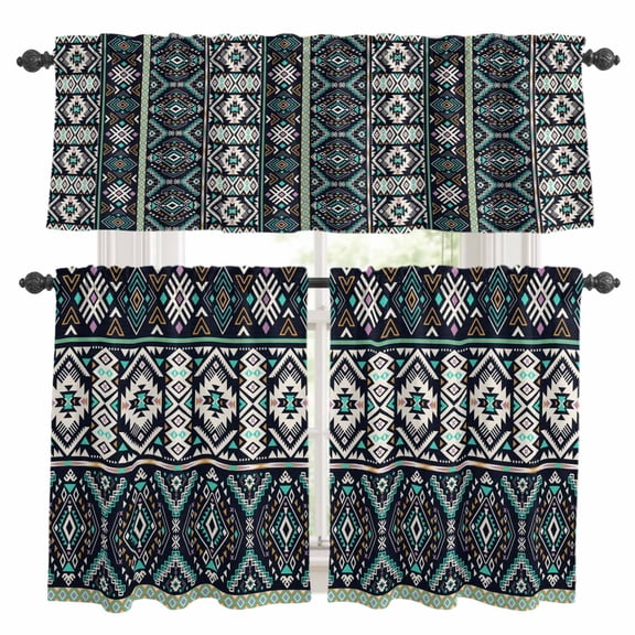 Black Teal Purple Southwestern Kitchen Curtains Sets for Windows 36 Inch Length, Modern Geometric Abstract Art Rod Pocket Window Treatments Tier Curtains and Valances Set for Bedroom/Bathroom