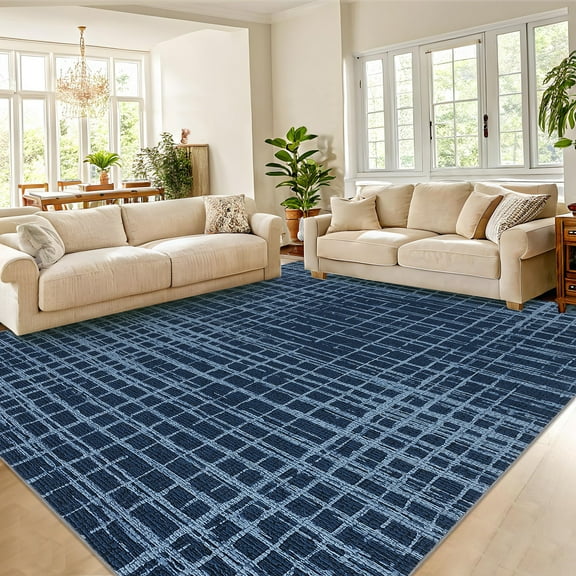 Hasoo Washable Large 10' x 13' Geometric Grid Area Rug for Living Room Soft Indoor Carpet, Blue