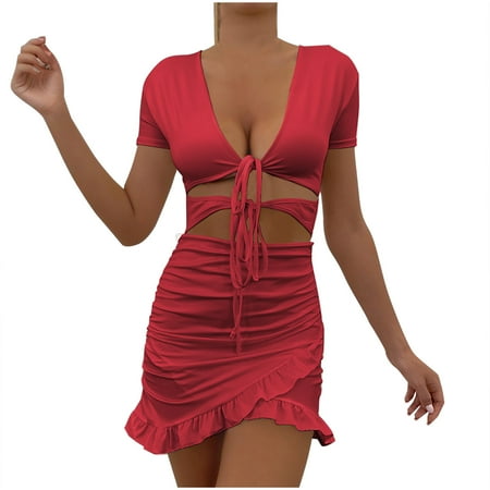 Maean Women s Mini Dress V Neck Clubwear Slim Dresses Ruched Party Going out Ruffle Short Dress