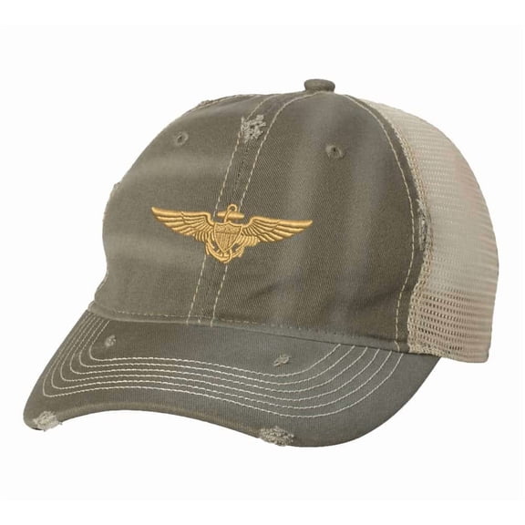 Aviation Trucker Hat - Distressed Navy Aviator Cap with Gold Wings - Vintage Military Strapback (Olive)