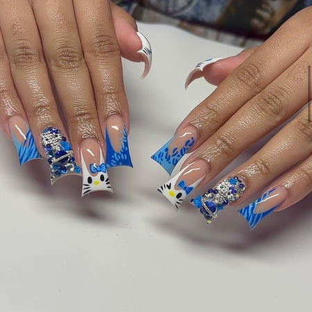 YTTAL Buy 2 Get 1 Free Press On Nails, Blue & White Character Themed Long Square Fake Nails, Reusable False Nail Kit with Jelly Glue & File