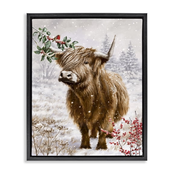 Stupell Industries Traditional Cattle with Winter Berries Black Floating Frame Canvas Art, 17 x 21, by Ian Saxton