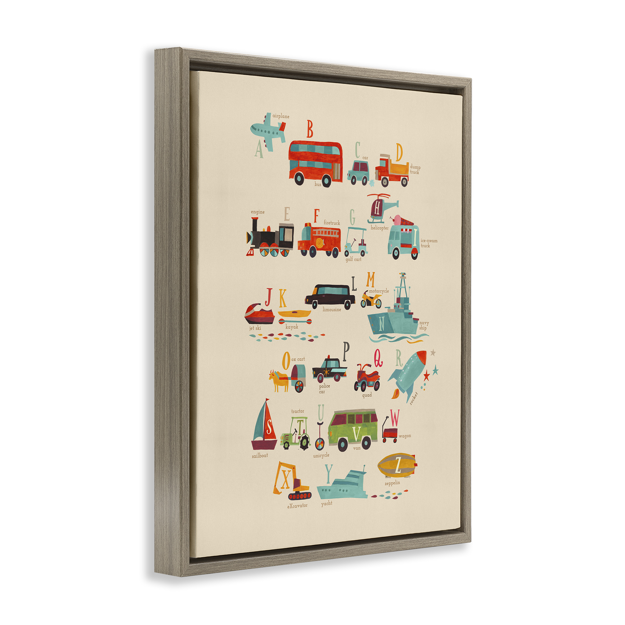 Stupell Industries Transportation AZ Alphabet Education Painting Brown Floater Framed Canvas Art Print Wall Art, 17 x 21