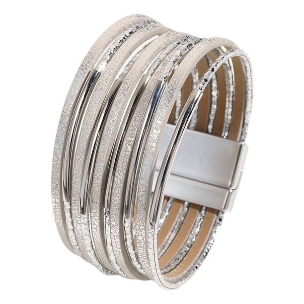 Pulsera rígida para mujer de cuero sintético PU, duradera, versátil, fácil de usar, multicapa. Plata