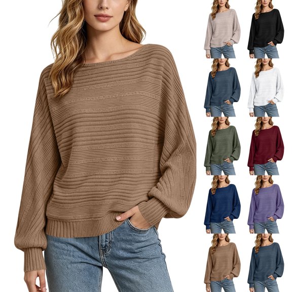 Women Boat Neck Textured Knit Sweater Batwing Long Sleeve Solid Color Loose Casual Pullover Ribbed Cuff Fall Blouse