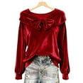 thumbnail image 3 of VKOYWKM Velvet Tops for Women Vintage Bow Neck Long Sleeve Shirts Fall Winter Vintage Solid Dressy Casual Blouses, 3 of 10