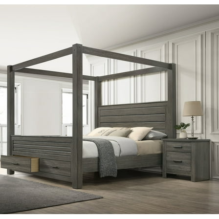 3Pc King Canopy Storage Bed 2x Nightstand Set Bedroom Furniture Gray