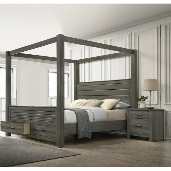 3Pc Queen Canopy Storage Bed 2x Nightstand Set Bedroom Furniture Gray