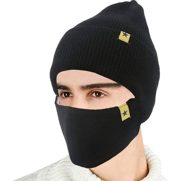 2-Pieces Winter Beanie Hat Face Mask Set Winter Knit Skull Cap Hat Adjustable Face Mask Beanie for Men Women Black