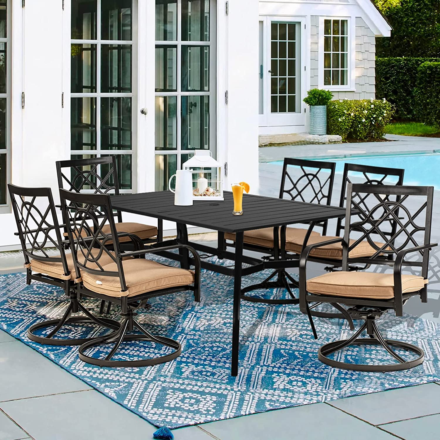 SOLAURA 7Piece Outdoor Patio Metal Dining Set Swivel Chairs and