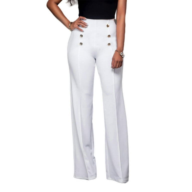 Niuer Women Lounge Buttons Decor Bottoms Ladies Stretch Pants Plain Holiday  Straight Leg Elastic Waisted Trousers White XL