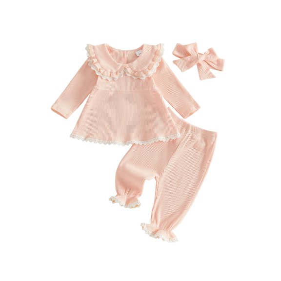 RUINIXCW Toddler Girl Fall Outfits Lace Trim Long Sleeve Tops and Pants Headband