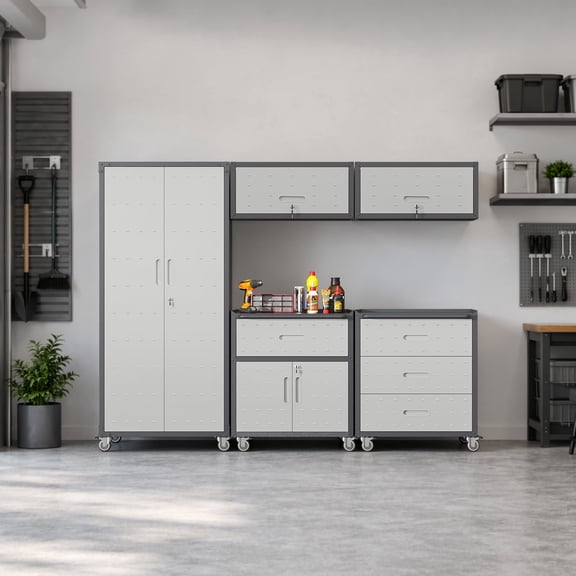 IKIMI 5-Piece Garage Storage Cabinet Set, Garage Storage Cabinets System Workshop Set with Drawers, 1 * Tall Tool Cabinets   2 * Wall Garage Cabinets   2 * Tool Cabinet with Wheels- Gray