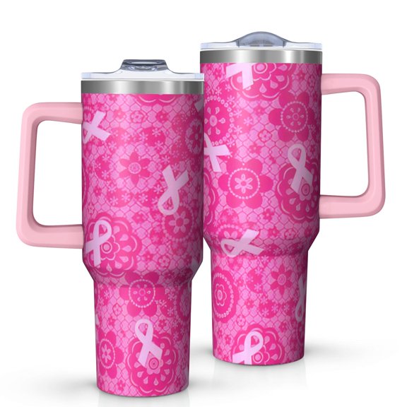 Pink Ribbon Pattern Tumbler with Handle and Lid,40oz Double Wall Vacuum Insulated Tumbler,Cups Gift for Women and Men