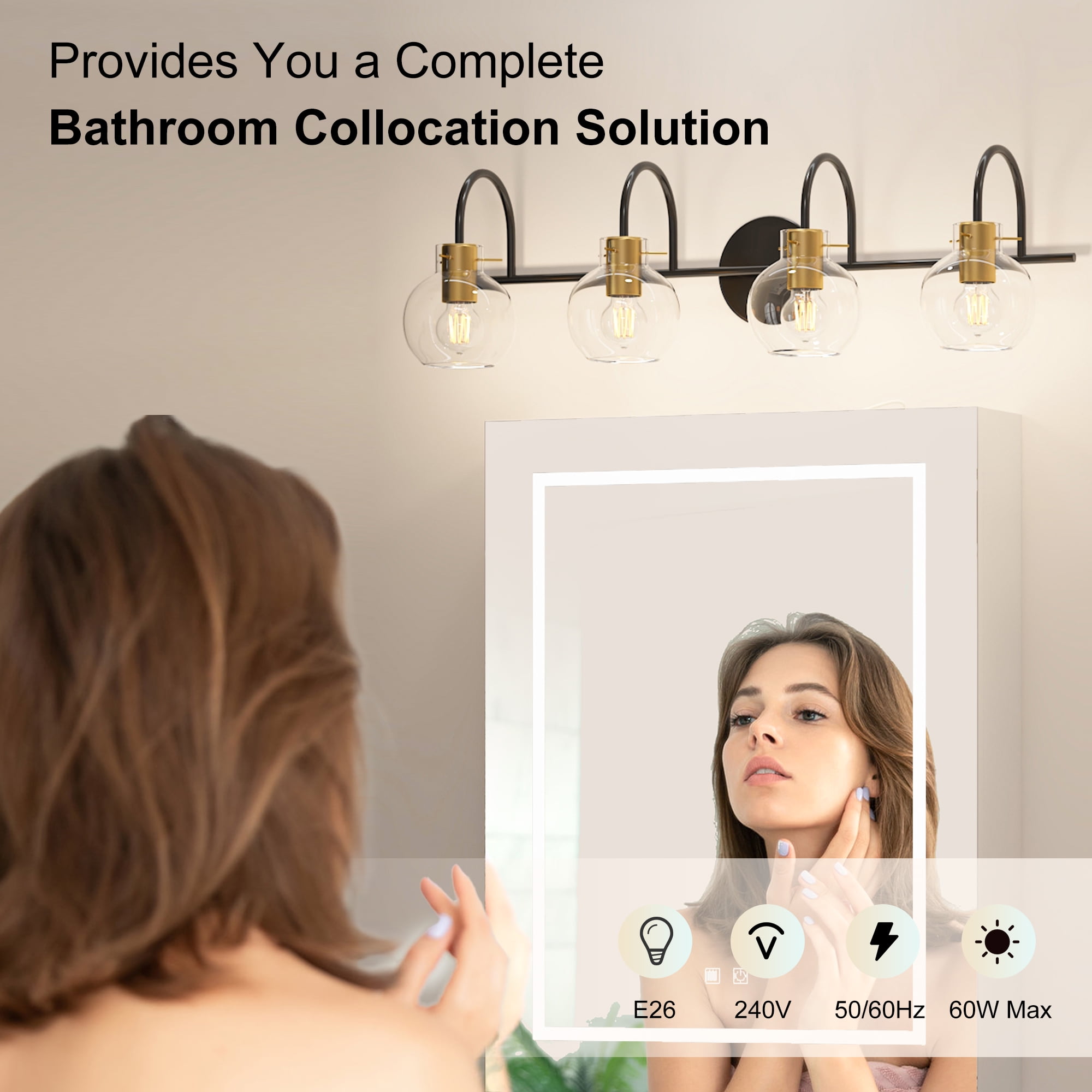 Hironpal 4-Light Bathroom Vanity Light, Bathroom Light Fixtures with Clear Glass Shade over Mirror Cabinet,Brushed Black