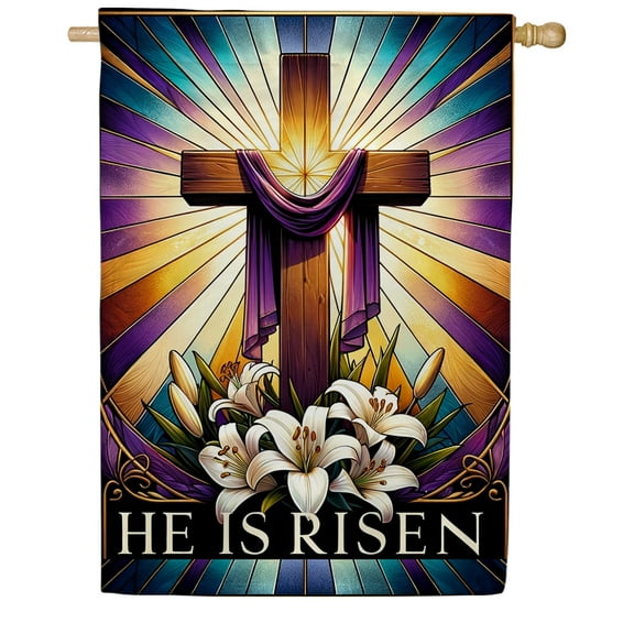 America Forever He is Risen Spring Easter House Flag, 28 x 40 inch Double Sided, Easter Cross and Lilies, Vertical Religious Easter Day Flag for Spring Outdoor and Outside Decoration