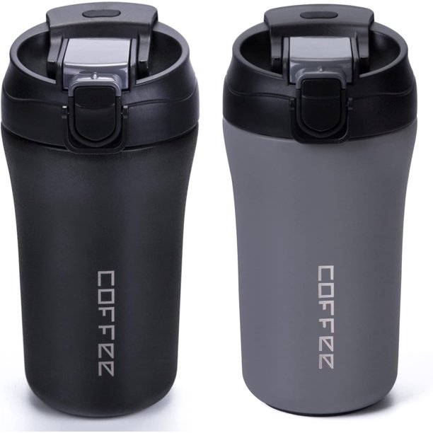 Taza de café de viaje, paquete de 2 tazas aisladas, a prueba de derrames con tapa y popote, vaso reutilizable de acero inoxidable para bebidas
