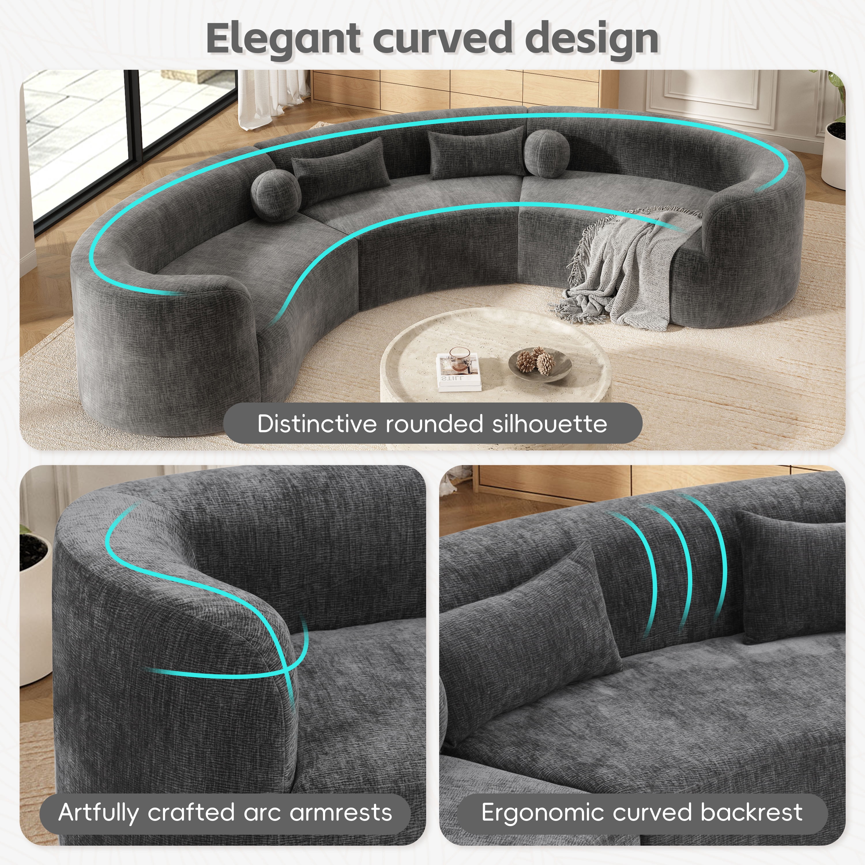 GARITIN 6 Seat Modular Curved Sectional Sofa 153 Inch, Frameless Chenille Arc Couch with 4 Pillows for Living Room, Gray