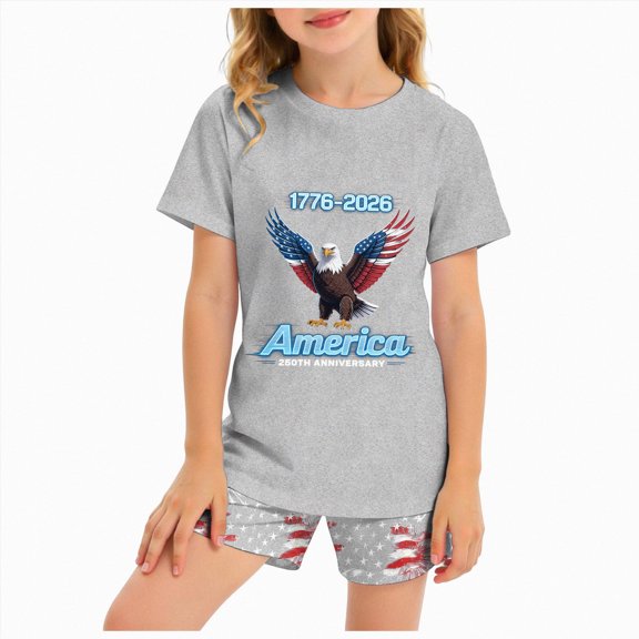 Sgkm Girls Outfits Size 2-12 Toddler Girl Independence Day Outfit Short Sleeve Top Matching Shorts Set Flag Print Holiday Party