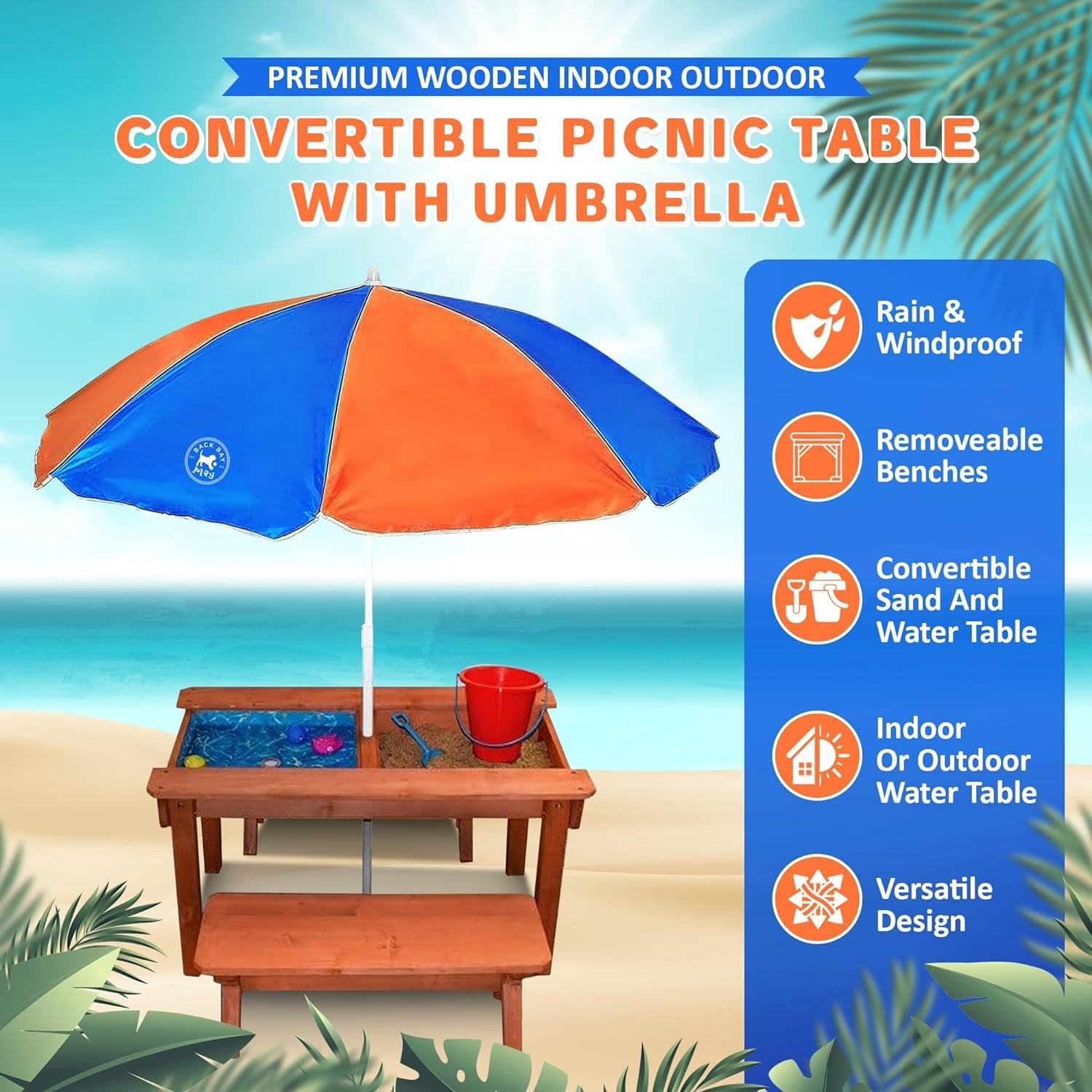Relaxdays Set Bambini 3in1 In Legno – Tavolo Per Acqua E Sabbia, Piano Giochi E Panca Picnic Per Fino A 4 Bimbi