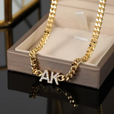 Custom Zirconia Name Necklace With Cuban Chain Personalized Letter Necklaces For Women 14K Yellow Gold Nameplate Jewelry Gifts