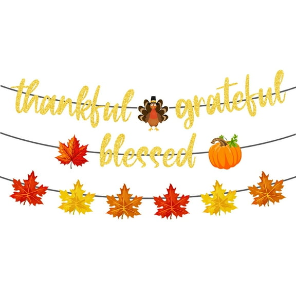 Thanksgiving Banner Decorations Indoor, Fall Decorations for Home, Glittery Blessed Banner Fall Garland with Pumpkin Maple Leaves for Thanksgiving Birthday Party Supplies Fireplace Mantle Decor