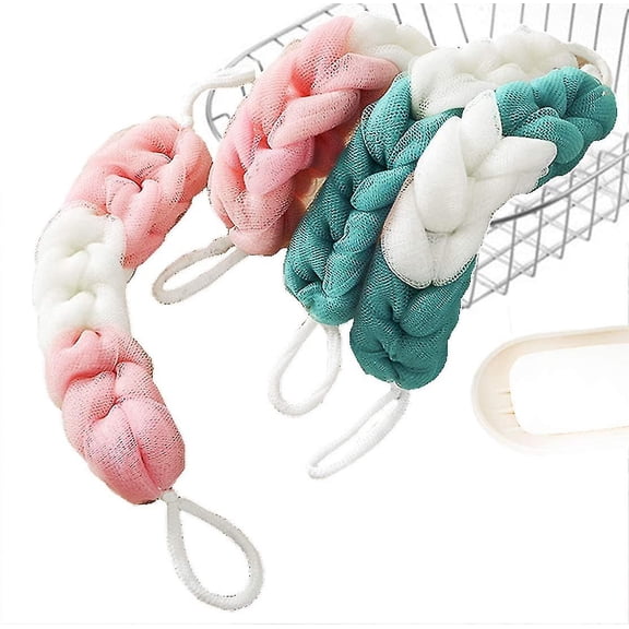 paquetes de esponjas largas y elásticas para la espalda con cuerda, esponja de malla para baño y ducha, exfoliante corporal, esponja de lufa trenzada elástica.