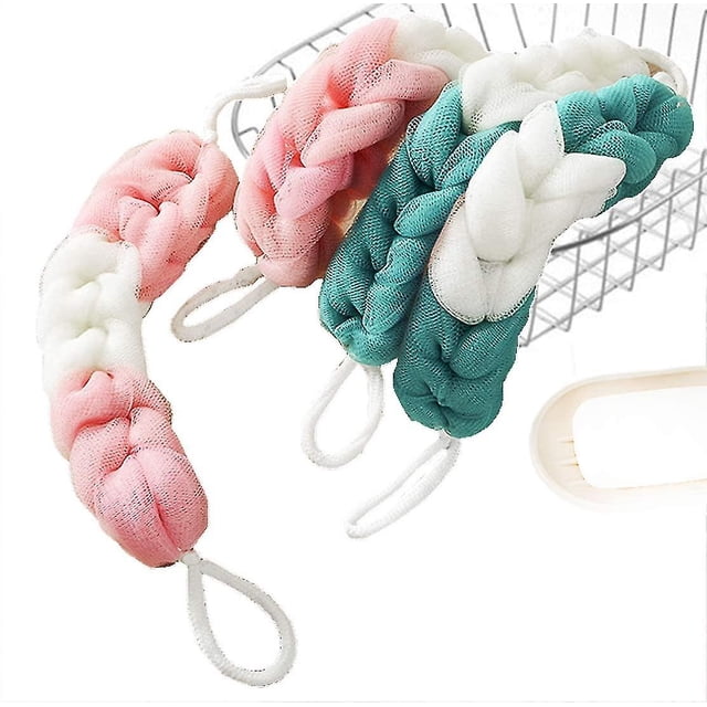 paquetes de esponjas largas y elásticas para la espalda con cuerda, esponja de malla para baño y ducha, exfoliante corporal, esponja de lufa trenzada elástica.