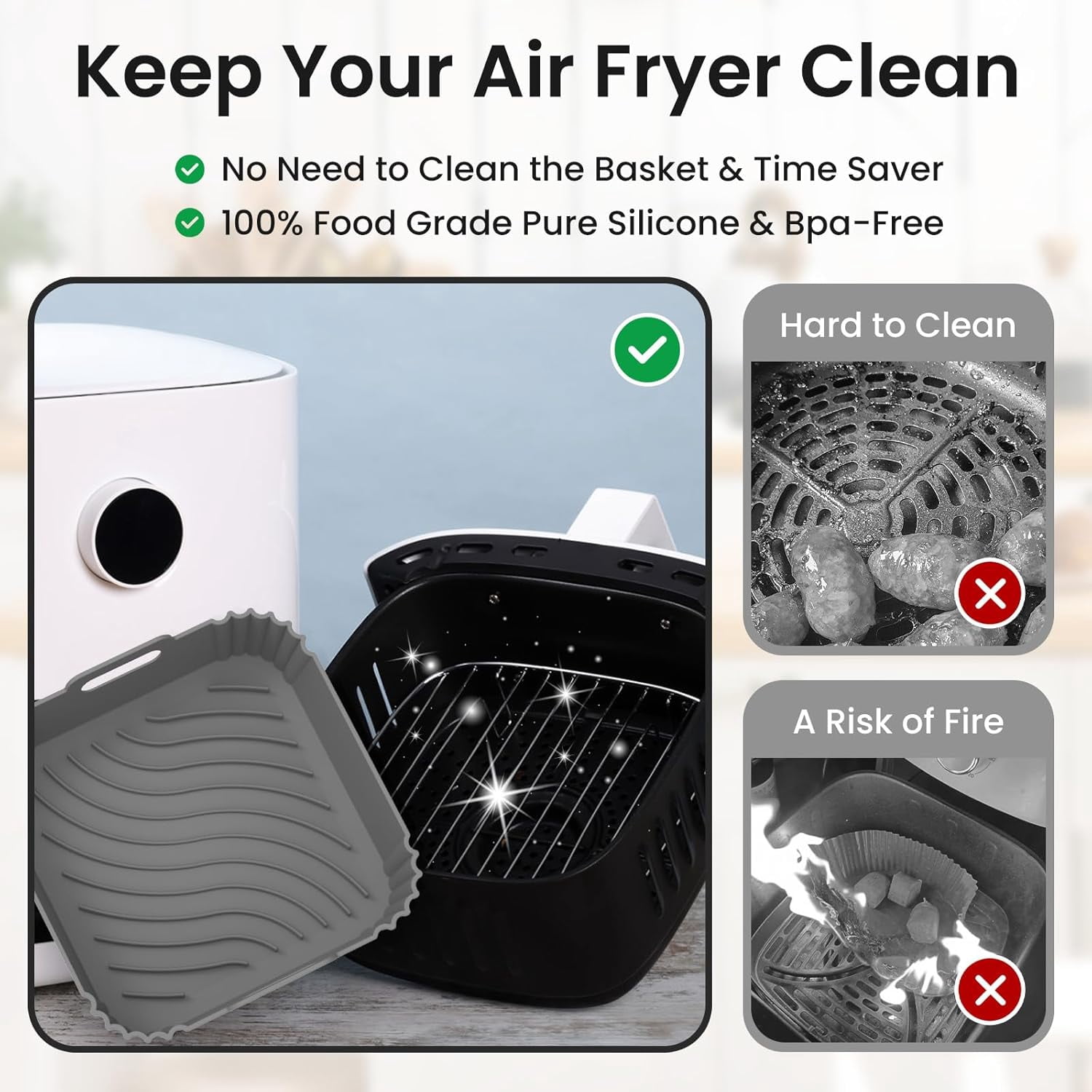 Air Fryer Silicone Liners, Square Airfryer Liners, Silicone Air Fryer Liners Reusable for 4-6 QT, Air Fryer Accessories Replacement for Parchment, Airfryer Liners Silicone