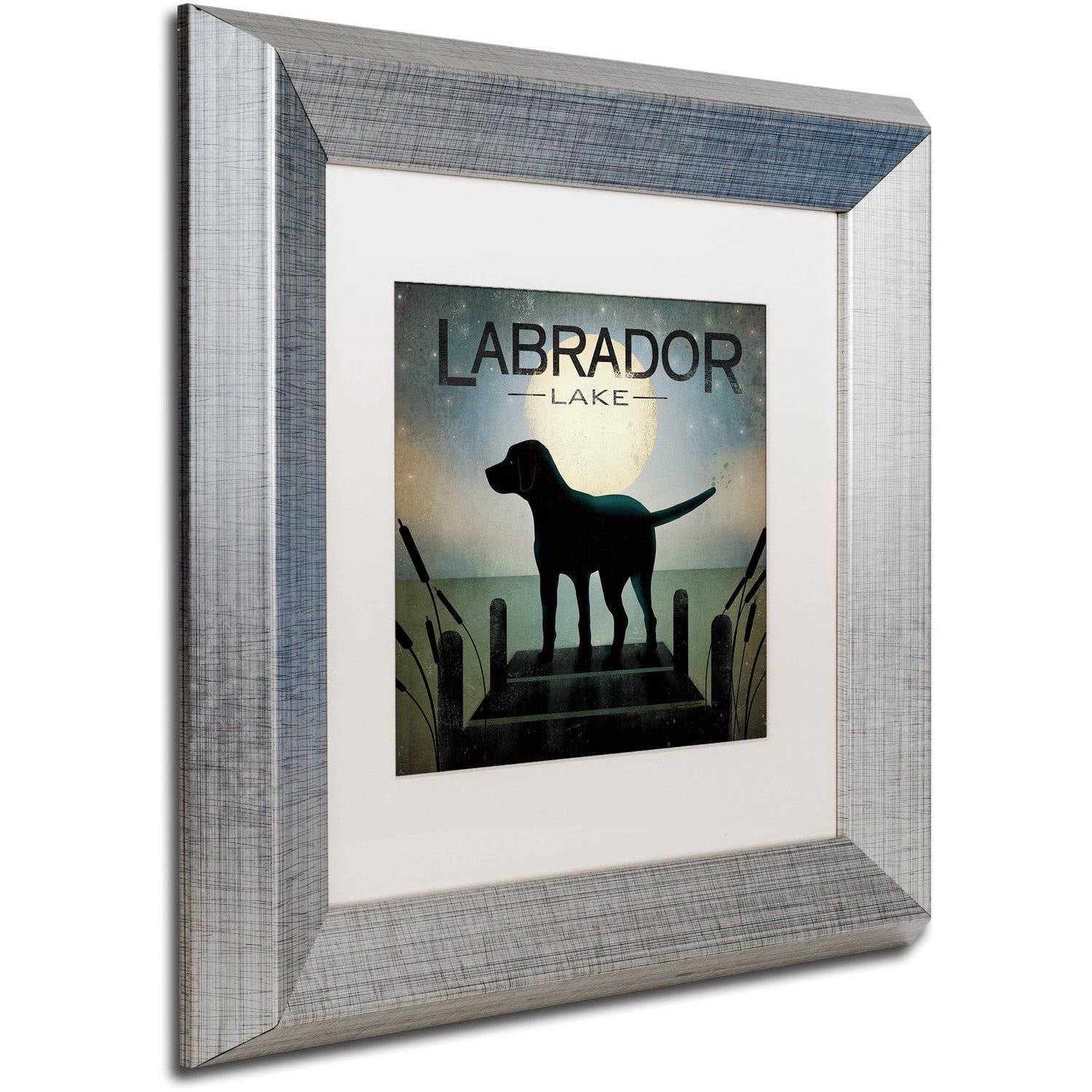 Trademark Fine Art "Moonrise Black Dog Labrador Lake" Canvas Art by Ryan Fowler White Matte, Silver Frame