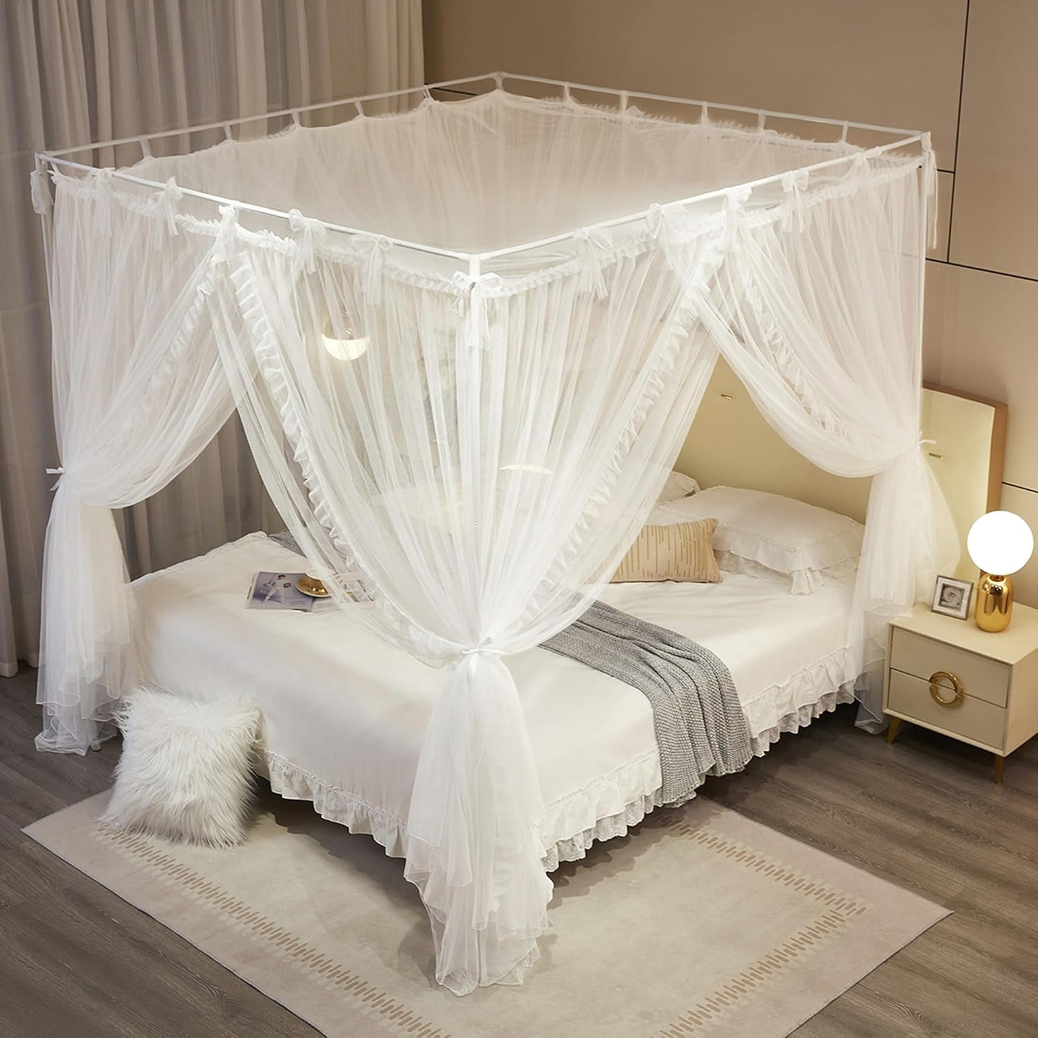 4 Corners Post Princess Curtain Bed Canopy Lace Up Double Layer 4 Opening Mosquito Net Mesh for Girls Bedroom Decoration(White, 59" W*82" L*82" H/Queen)