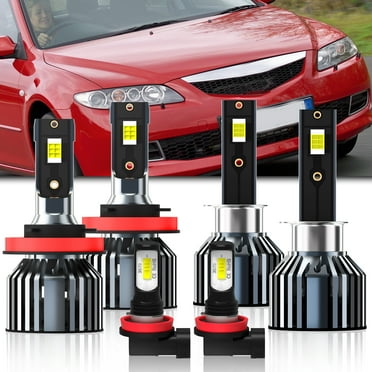 LED Headlight Bulbs Fit for Mazda 6 2005-2008,H1 High Beam   H11/H8/H9 Low Beam Bulbs   H11/H8/H9 LED Fog Light Bulb,6000K Cool White,Plug and Play with Cooling Fan,Pack of 6