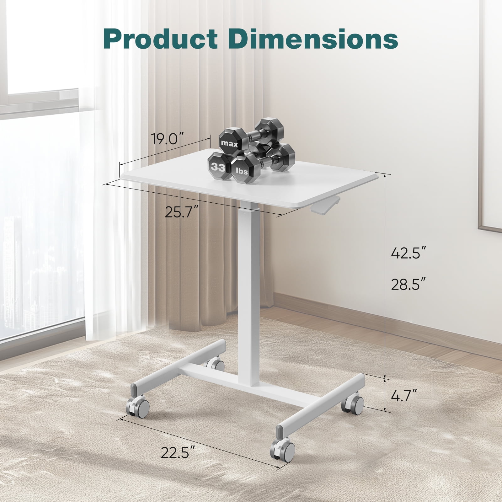 JOINSUN Laptop Stand with Rollable Wheels, Height Adjustable for Study, Office and Classroom, White