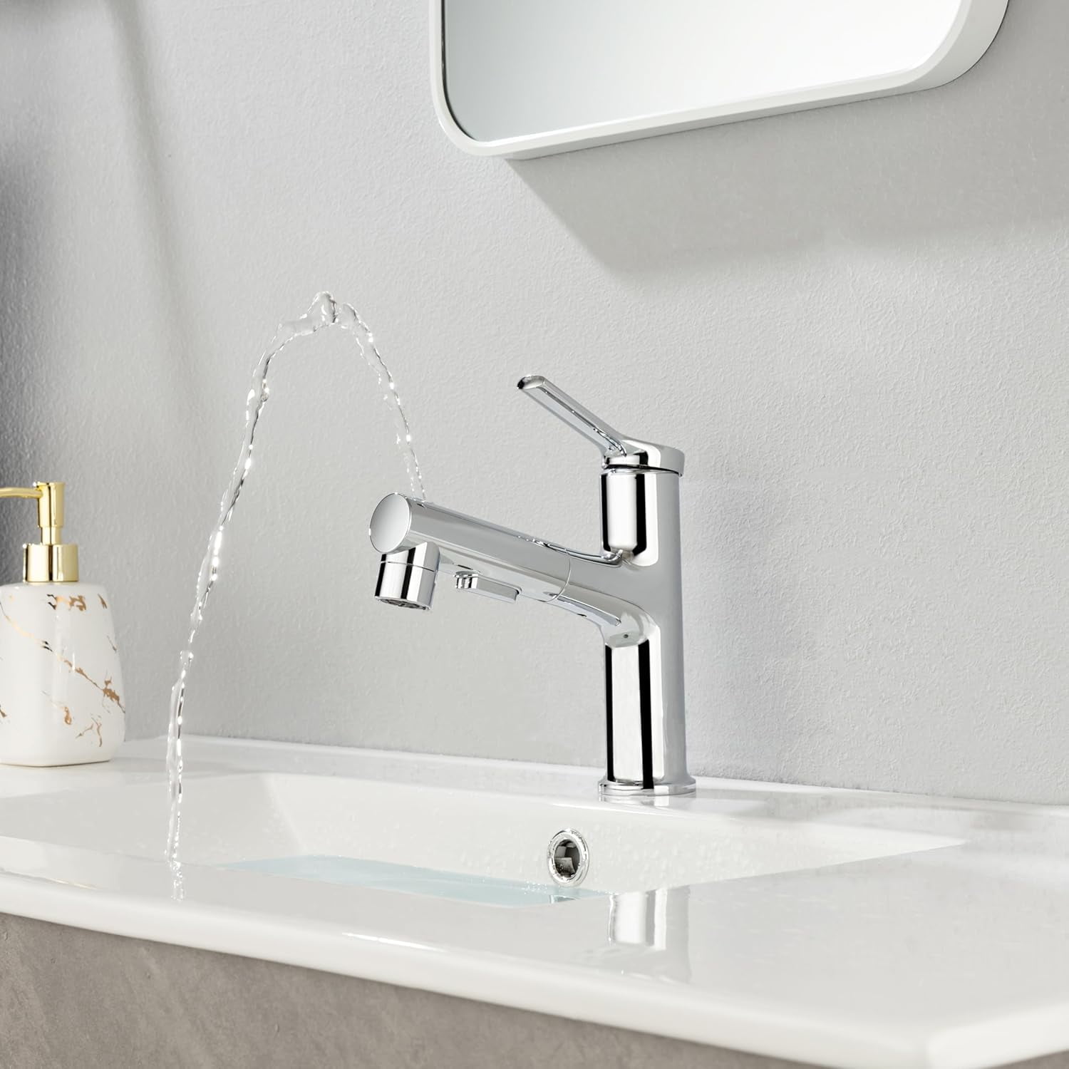 Single Hole Bathroom Faucet with Pull Out Sprayer, Dual Spray Modes, Solid Brass Polished Chrome Bathroom Faucet for Sink, Modern One Handle Bath Vanity Faucet with Face Basin Mixer Tap Visit The YI