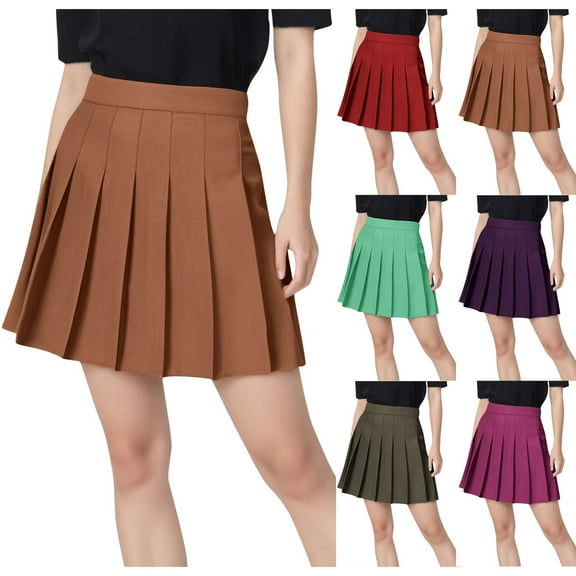 FRSASU Womens Girl High Waisted Solid Color Pleated Tennis Skater Casual Skirts with Lining Shorts Red XS(XS)