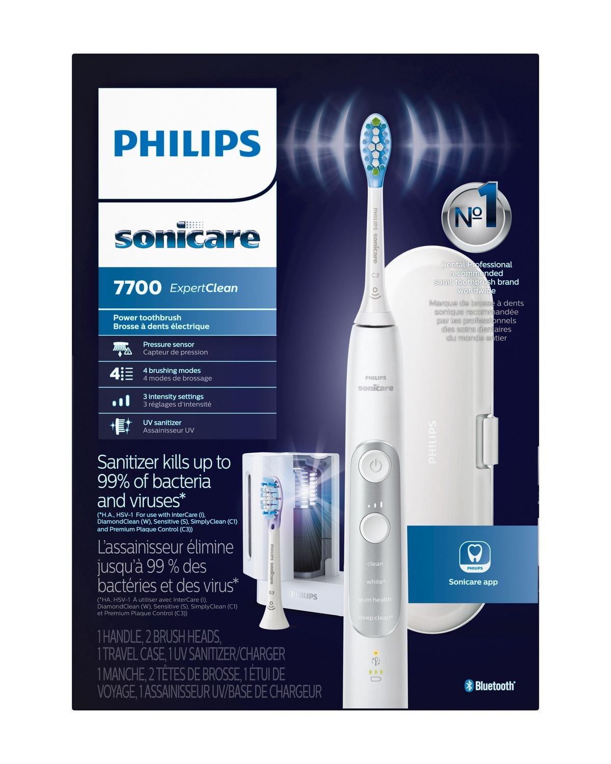 Brosse à dents électrique rechargeable avec assainisseur UV Philips Sonicare ExpertClean 7700, blanc, HX9630/18