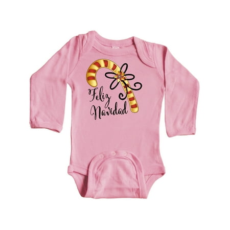 

Inktastic Feliz Navidad Red and Gold Candy Cane Gift Baby Boy or Baby Girl Long Sleeve Bodysuit