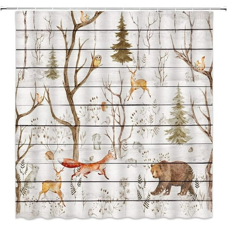 

Sonernt Rustic Forest Shower Curtain Lodge Cabin Wild Animal Bear Deer Fox Moose Tree Branch Flower Country Wooden Camping Safari Wildlife Farmhouse Vintage Decor with Hooks 72x72inch