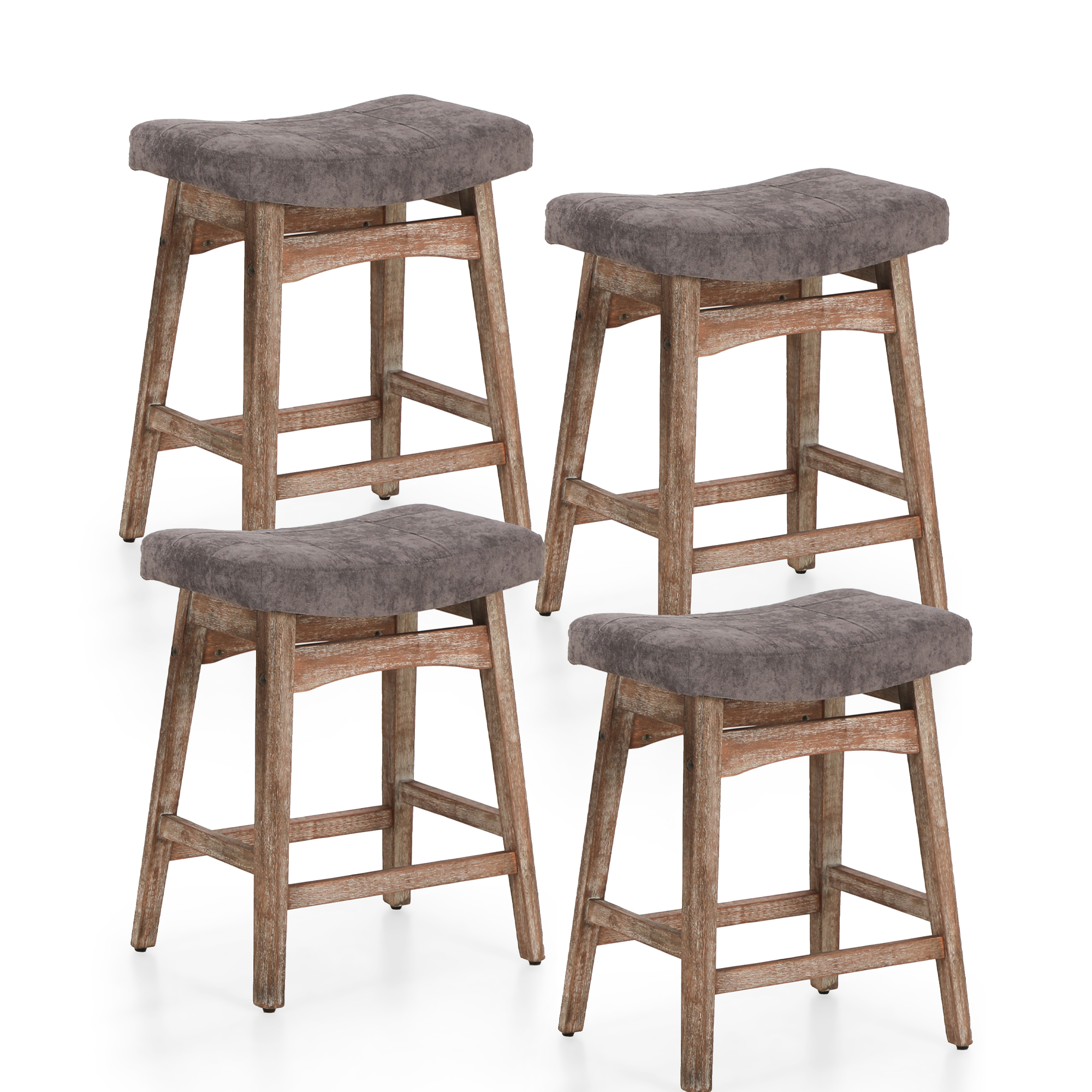 Summit Living 24 inch Wooden Counter Stool Set of 4, Backless Saddle Linen Bar Stool for Kitchen, Gray
