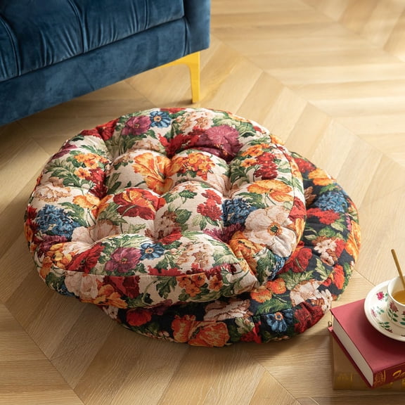 2 Pack Boho Floral Round Floor Cushions, 21.65" Diameter x 3.15" Thick, Jacquard PP Cotton Filled Seat Pillows for Meditation, Reading, Living Room, Multicolor