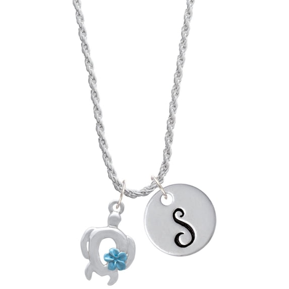 Delight Jewelry Silvertone Open Sea Turtle with Blue Plumeria Silvertone Script Initial Disc - S - Charm Necklace, 20"+3"