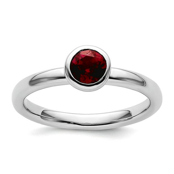 925 Sterling Silver Bezel Polished Stackable Low 5mm Round Rhod. Garnet Ring Size 9 Stackable Ring for Women