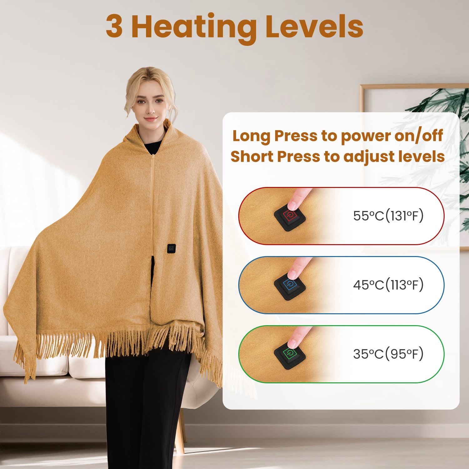 71"x24" Electric Heated Throw Blanket Portable USB Heated Shawl Wearable Heating Blanket with Zipper 3 Heating Levels Machine Washable Brown