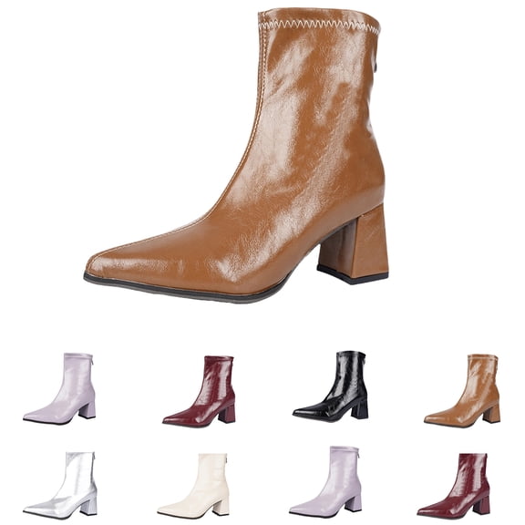 Women's Square Toe Dressy Ankle Boots Patent PU Leather Zipper Chunky High Heel Western Short Booties