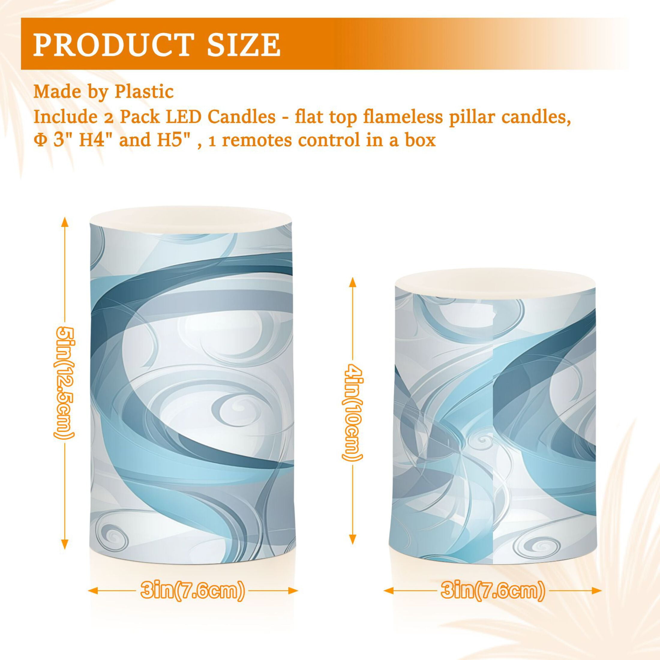 Flameless Candles Lights, Pack of two LED Lights, Dimmable LED Pillar Candles Battery Operated, Flames Remote Control Blue and Gray Abstrac Swirls